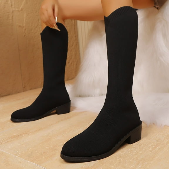 Viluyesy Womens Knee High Boots, Chunky Heels Fall Winter Round Toe Pull-On Knitted Sock Tall Boots Black US6.5