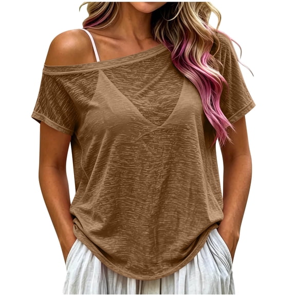 hoksml Women's Off Shoulder T-Shirt, Short Sleeve Sheer Slouchy Top, Casual Loose Tee for Daily and Summer Wear
