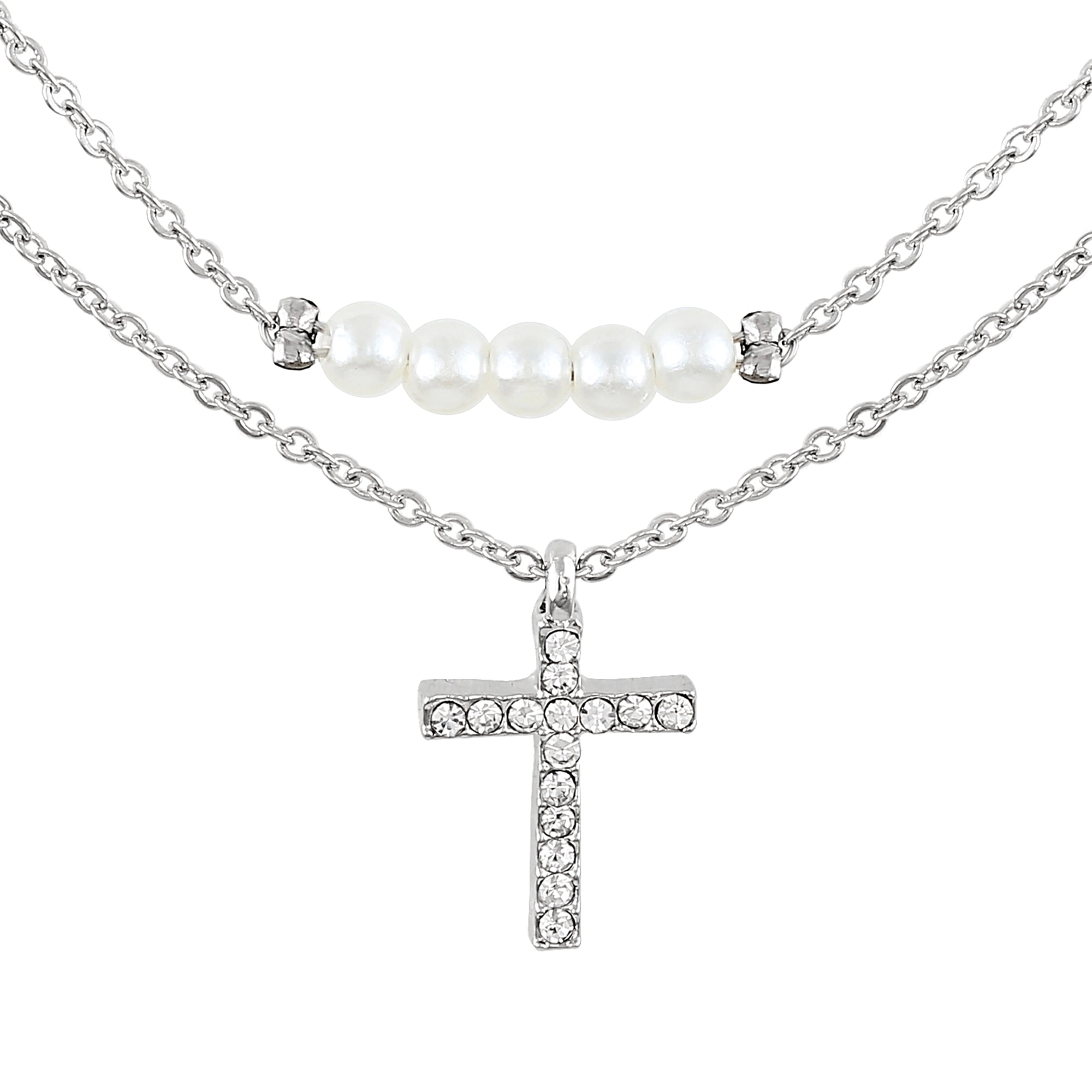 Time and Tru Women's Cross and Pearl Layered Necklace Set. 16" and 18" Imitation Rhodium Chain.