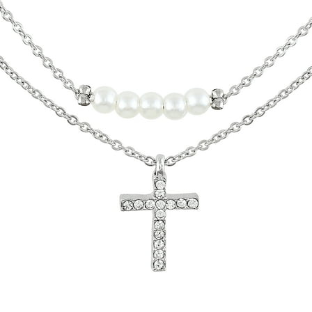 Time and Tru Women's Silver Tone Cross Pendant and Simulated Pearl Layered Necklace