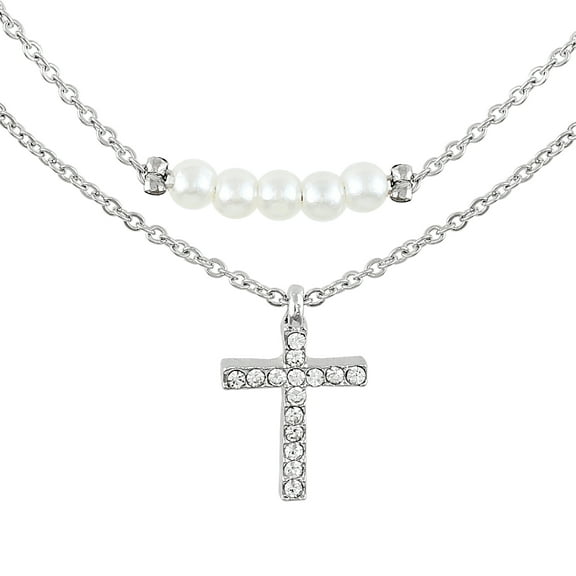 Time and Tru Women's Silver Tone Cross Pendant and Simulated Pearl Layered Necklace
