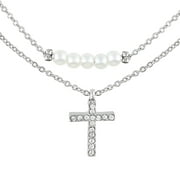 Time and Tru Women's Silver Tone Cross Pendant and Simulated Pearl Layered Necklace Set, 2-Piece
