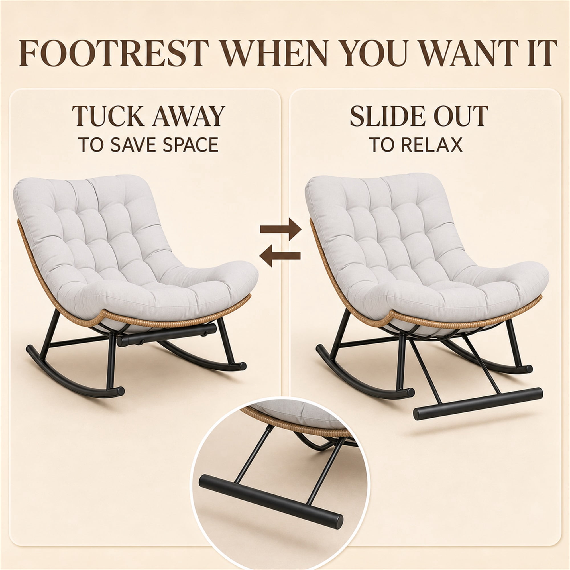 CLOUDREST PRO Outdoor Papasan Rocking Chair with Retractable Footrest, Oversized Wicker Patio Lounge Rocker with Thick Cushion and Steel Frame, 450 lb Capacity, Indoor Outdoor, Beige