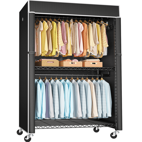 P1C Plus Clothing Rack with Cover, Rolling Closets with Wheels, Metal Garment Rack for Hanging, 46" W x 18.5" D x 80.7" H, Black, Load 450 Pounds