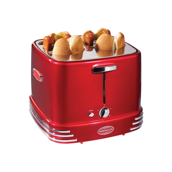 Nostalgia 4 Slot Hot Dog and Bun Toaster with Mini Tongs, Hot Dog Toaster Works with Chicken, Turkey, Veggie Links, Sausages and Brats, Retro Red