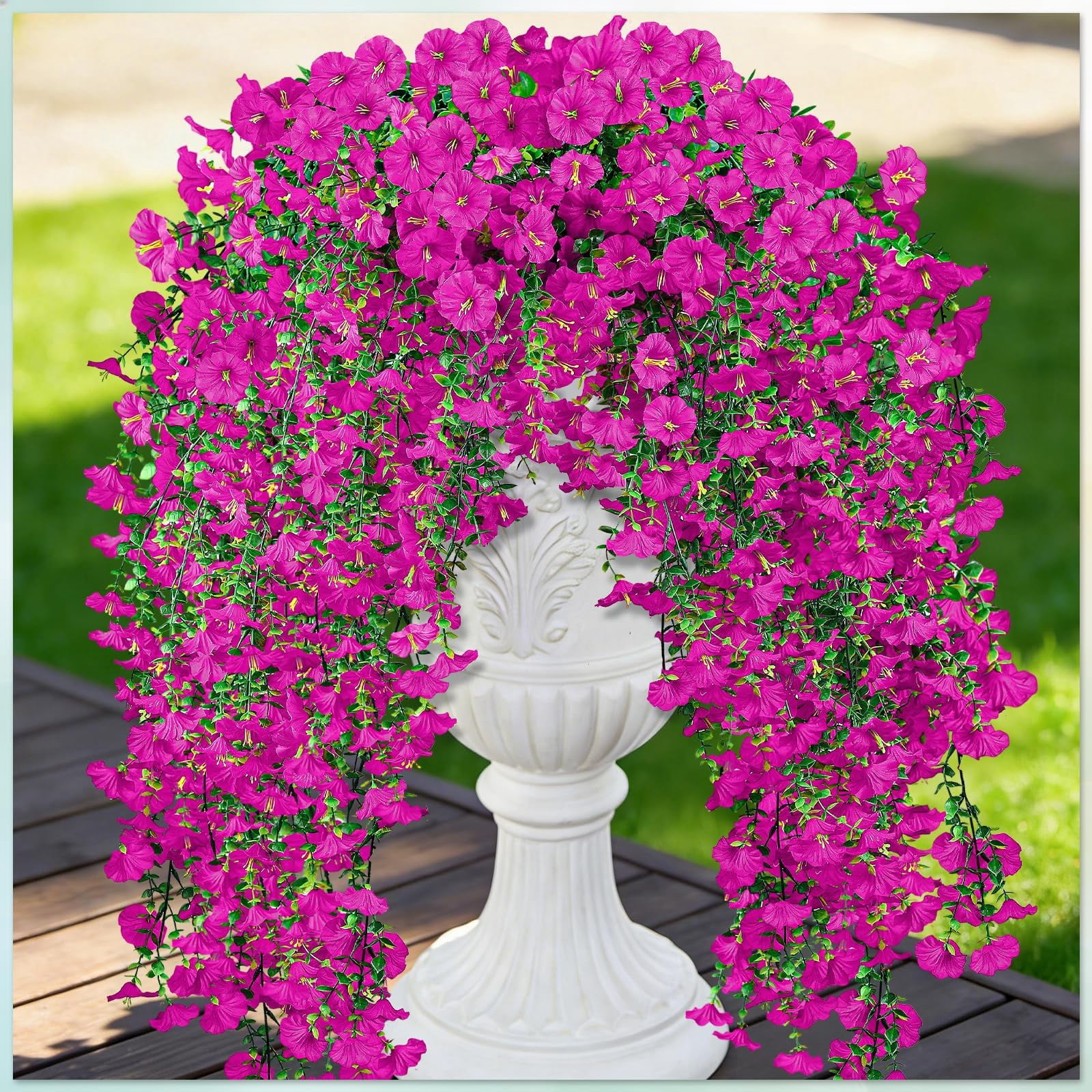 Artificial Hanging Flowers for Outdoors, 6 PCS Silk Morning Glory Artificial Flowers with Eucalyptus Leaves, UV Resistant Fake Flower Realistic Faux Plants for Home Patio Porch Garden0