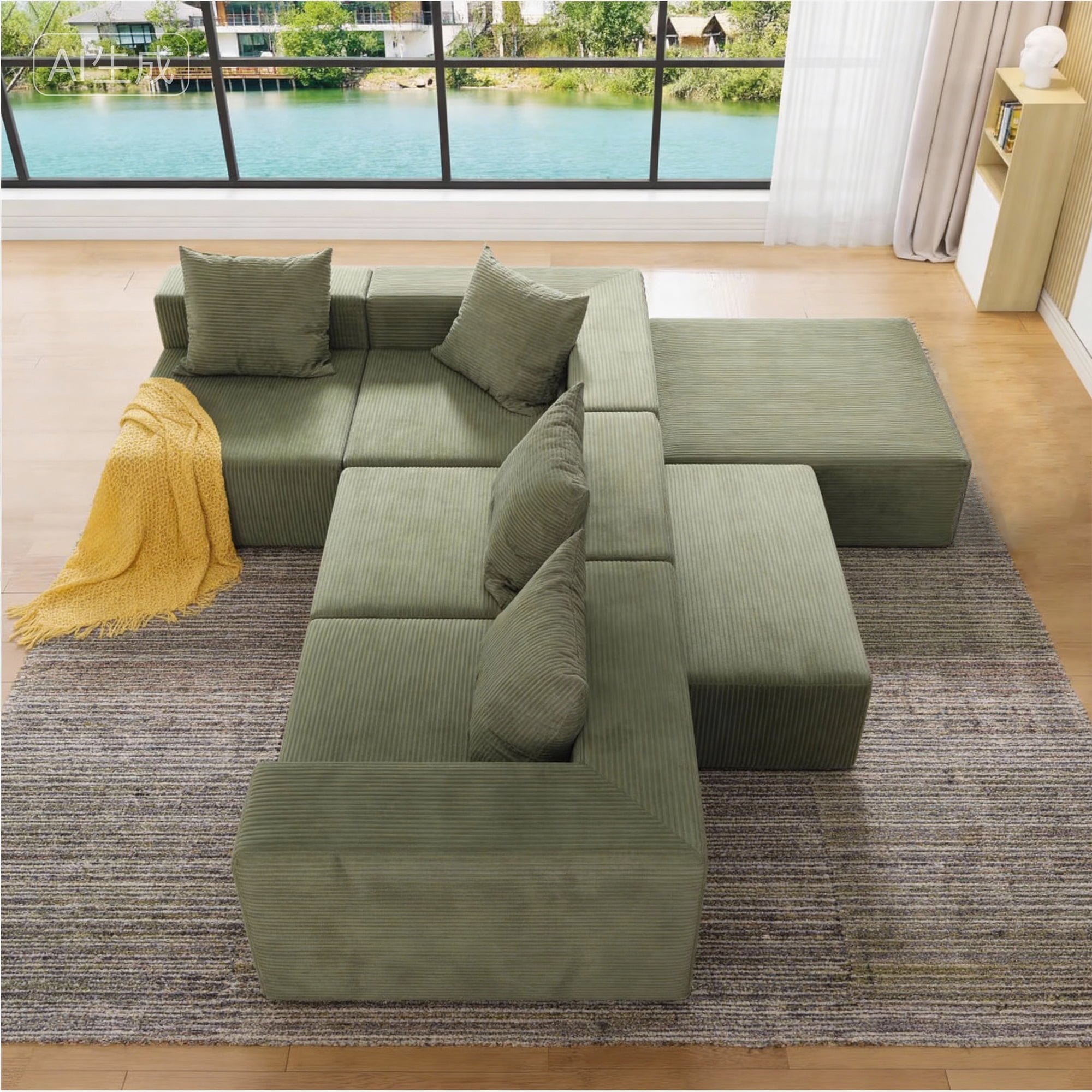 MOONMISS 4-Seat Modular Sofa Sectional with Oversized Chaise & Ottomans - Cloud Couch in Soft Corduroy Fabric for Small Spaces, Living Room, Apartment (Green)