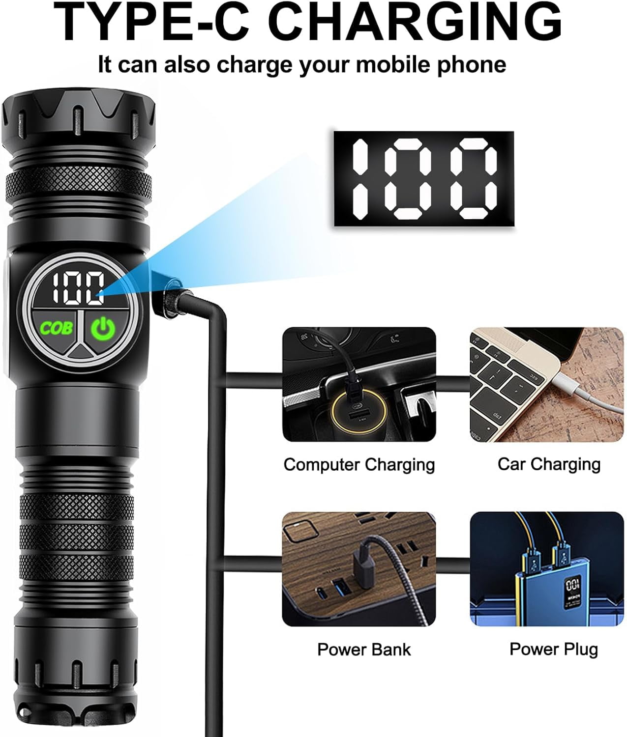 Siuyiu Flashlights High Lumens, USB Rechargeable Flashlights, Super Bright Flash Light with COB Light, Tactical Flashlights with Powerful Powerful Digital Display, LED Flashlight with 9 Modes