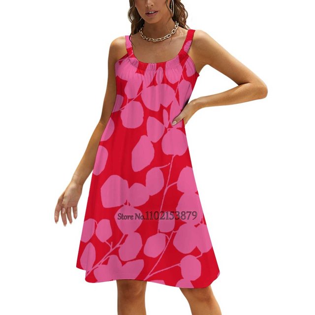 Eucalyptus Foliage Pattern / Hot Pink And Red / Large Simple Back Lacing Backless Dress Square Neck Dress Fashion Printed Dress
