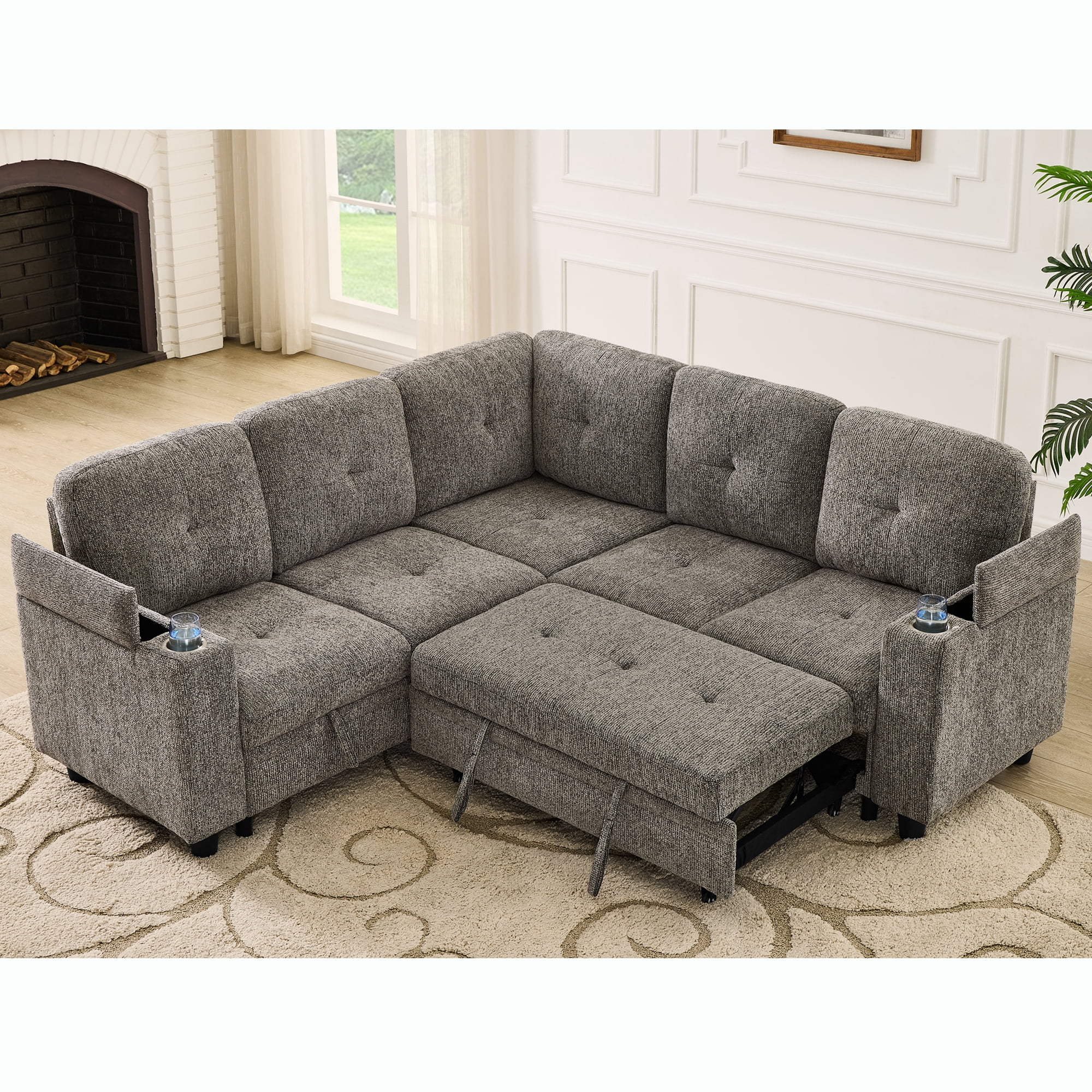 Howcool 81" Sectional Sleeper Sofa with Pull Out Bed, Modular L-Shaped Chenille Couch with Storage Chaise, USB Charging Ports & Cup Holders for Living Room, Apartment, Grey