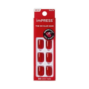 KISS imPRESS  Press on Nails, Golden Harvest, Red, Short Squoval, 30 Count
