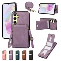 for Samsung Galaxy S23 FE Wallet Case with Shoulder Lanyard Strap, Crossbody Phone Case with Card Holder Slots for Women Girls, Luxury PU Leather Flip Stand Purse Cover Shockproof Case, Purple