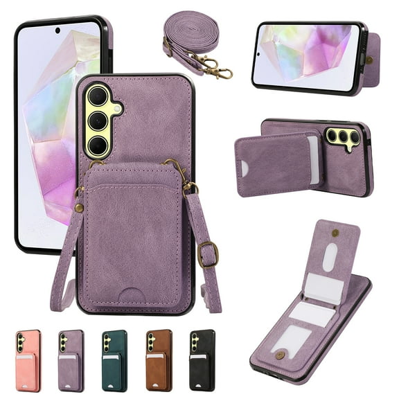 Designed for Samsung Galaxy S25 Case with Card Holder Crossbody Lanyard Strap PU Leather RFID Blocking Wallet Case with Back Magnetic Clasp Flip Kickstand Heavy Duty Protective Cover,Purple