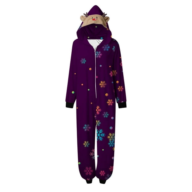 TIMIFIS Pyjamas de Noël Assortis pour la Famille Combinaison à Capuche pour Femmes Pyjama une-Pièce Mignon Flocon de Neige Imprimé Arbre de Noël Combinaison à Manches Longues Pjs