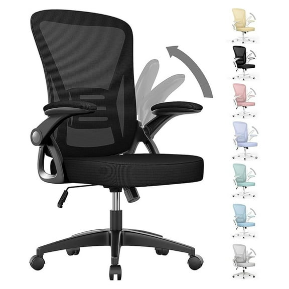 Ergonomic Office Chair - Adjustable Height Swivel Chair with Lumbar Support & Flip-Up Arms - Breathable Mesh Computer Chair for Home/Study - Black