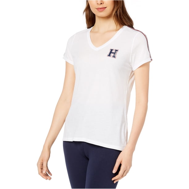 Tommy Hilfiger - Camiseta gráfica para mujer con cuello en V, color blanco, pequeña Tommy Hilfiger Camiseta gráfica