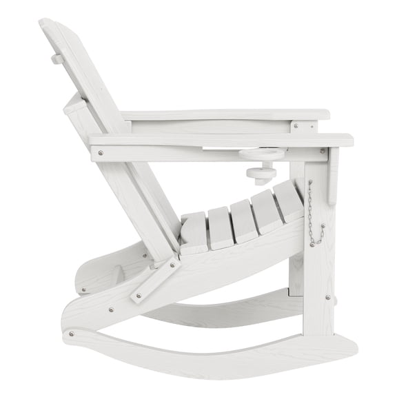 Folding Adirondack Rocking Chair – All-Weather HDPE, Wood Texture, Retractable Ottoman, Cup Holder, Collapsible Outdoor Patio Chair for Garden, Deck, Porch, Fire Pit – White HDPE 304 Hardware