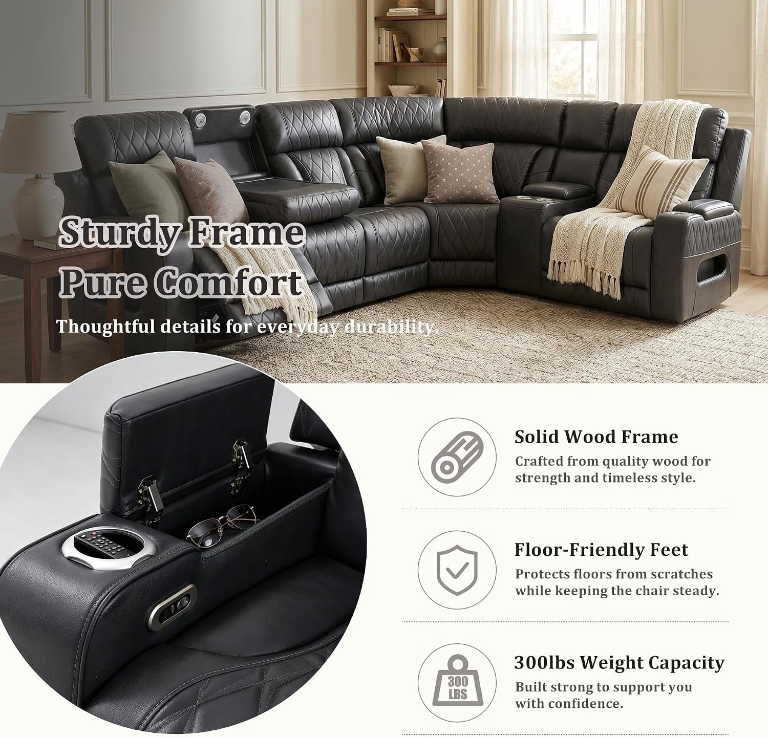 5 Seat L-Shaped Recliner Couch with USB Charging, 3PCS/Set Power Reclining Sectional Sofa with Cup Holders and Storage for Living Room, Home, Theater Seating, House, Apartment