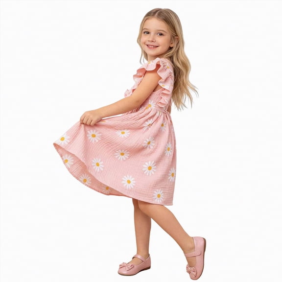 CAUYDY 4T 5T 6T 7T Kids Children Summer Dress Toddler Baby Girl Little Kids Fly Sleeve Casual Floral Pleated Swing Sundress for Girls (Sizes 4-5 Years,L4-Pink)