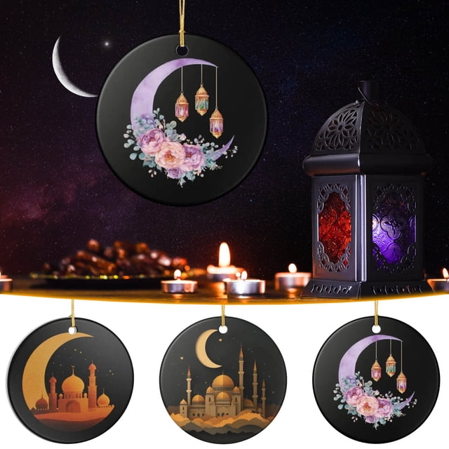 Decoraciones Adorno colgante de Ramadán de 8 cm, adorno de cerámica con guirnalda de media luna y minarete para decoración del hogar. Rkxzt