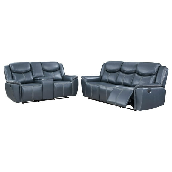 Benjara Eleni 2pc Power Reclining Sofa and Loveseat Set- Blue Faux Leather