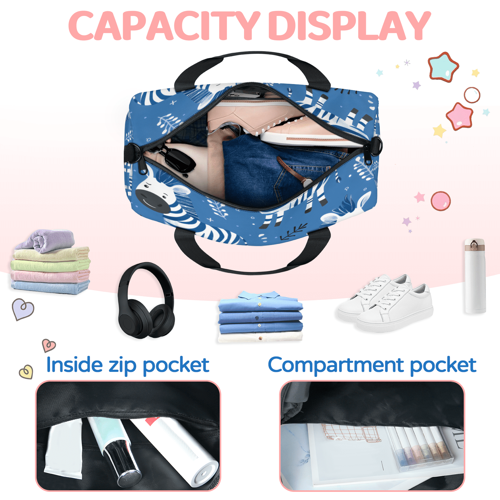 Herdesigns Zebra Gym Bag for Women, Duffle Bag for Travel Sport, Leaf Plant Lightweight Waterproof Carry on Weekender Dance Yoga Workout Bags