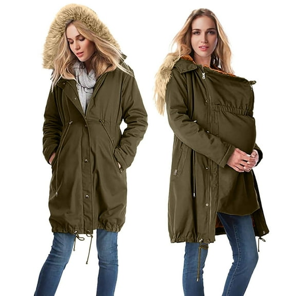 Pregnant Women Winter Coat Warm Pocket Hooded Coat Long Jacket Army Green L