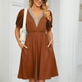 thumbnail image 4 of Bigersell Womens formal Dress Women's Short Sleeve V-Neck Solid Color Pocket Dress Female Maxi Dresses Women Skater Dresses, Style 25896, Brown L, 4 of 7