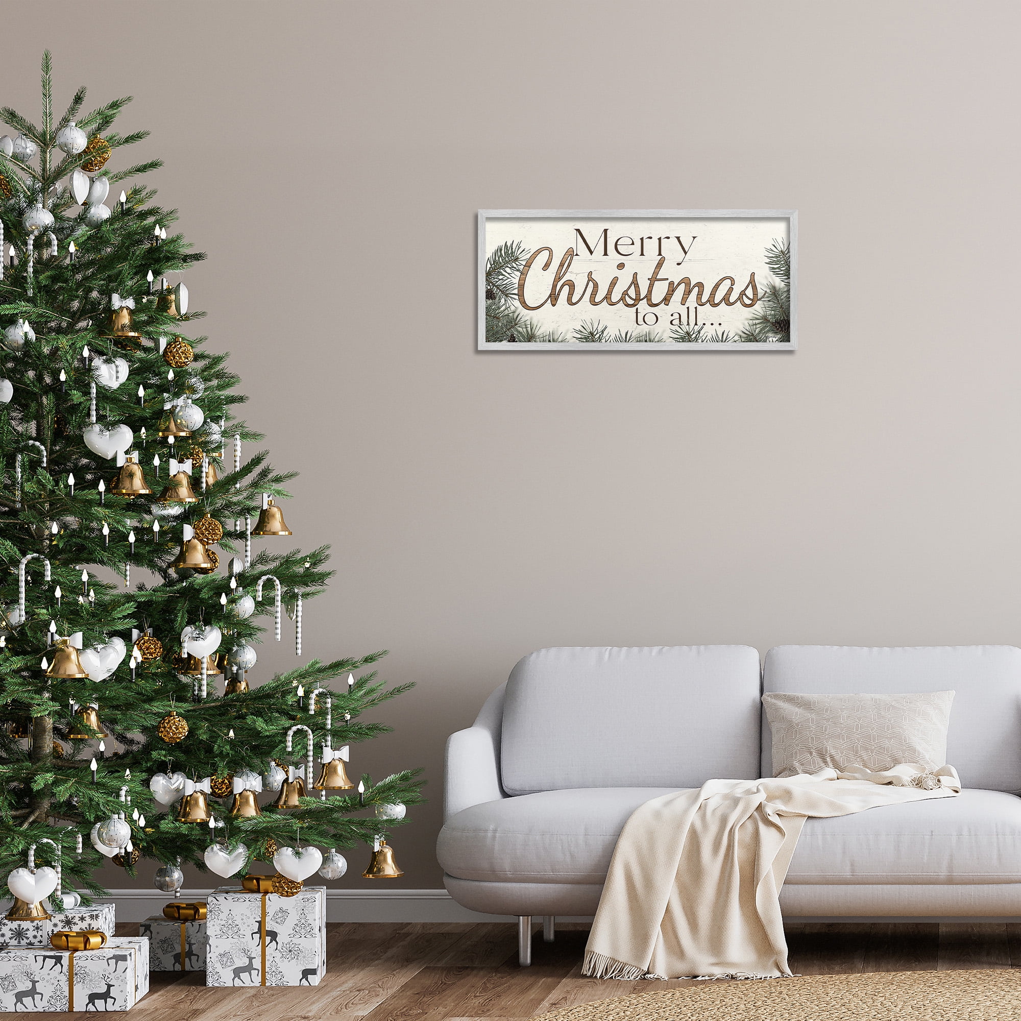 Stupell Industries Woodland Christmas Typography Holiday Painting Gray Framed Art Print Wall Art, 30 x 13