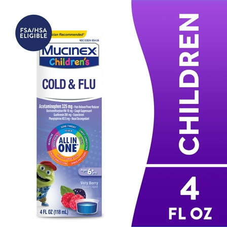Mucinex Children's Cold and Flu Cough OTC Medicine for Kids, Very Berry Flavor Liquid, 4 fl oz