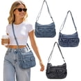 thumbnail image 4 of Y2K Washed Denim Shoulder Purse, Women Multi‑Pocket Textured Cross‑body Bag Adjustable Strap Casual Fabric Shoulder Bag, 4 of 5