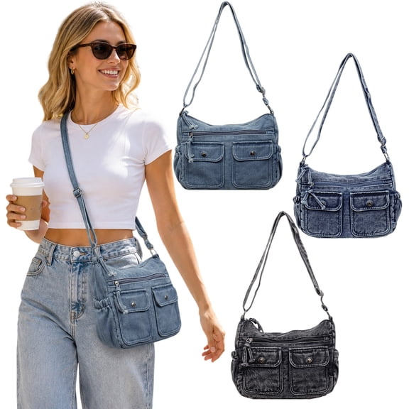 Jeans-Shaped Bag for Women Denim Tote Bag Casual Retro Crossbody Lightweight Shoulder Bag Multi Pocket Handbags with Adjustable Shoulder Strap Canvas Handbags