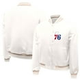 thumbnail image 3 of Women's Starter Cream Philadelphia 76ers Printed Logo Cropped Satin Varsity Full-Snap Jacket, 3 of 3