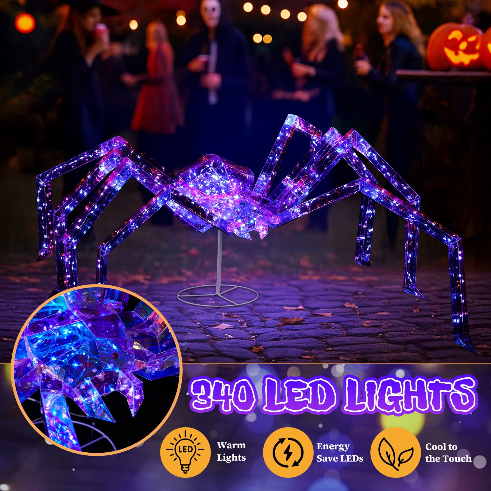 3FT Halloween Decorations Light Up Spider, Outdoor Halloween Decor Lighted Iridescent Spider, Weather Proof Pre-lit Spider with 340 LED Lights, for Front Yard Porch Gardens Lawns Party