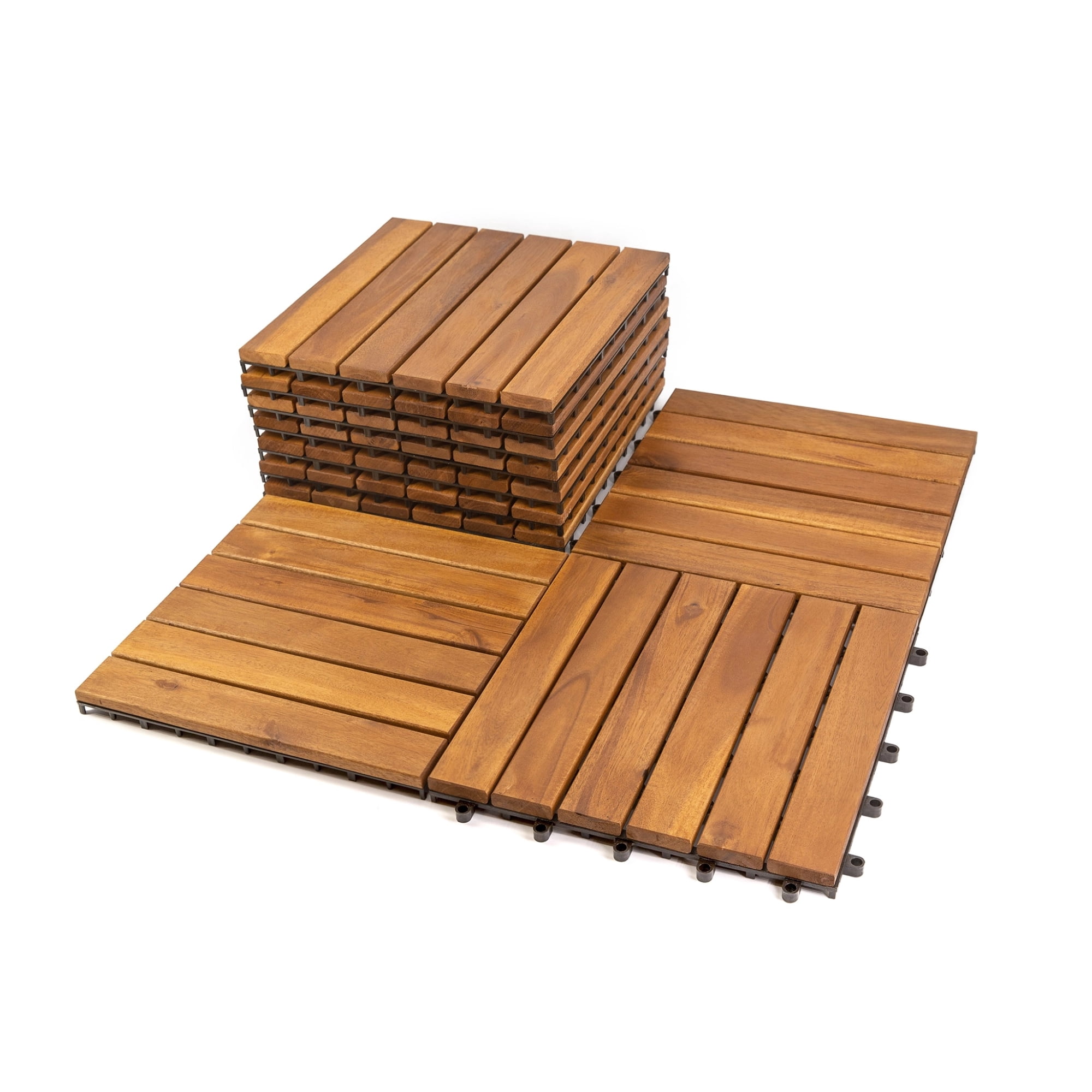 12" x 12" 6-Slat Acacia Wood Interlocking Deck Tiles, Weatherproof Floor Tiles for Patio, Balcony, Poolside, Bathroom & Indoor/Outdoor Use
