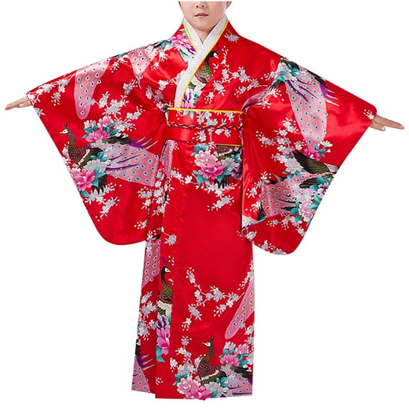 Odeerbi Girls Pajamas 2025 Fashion Kimono Tradition Improved Printing Cardigan Robe Formal Wear Set Red