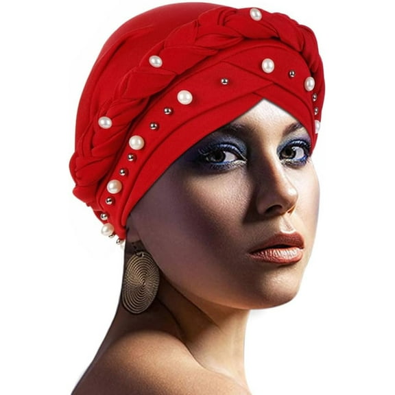 African Womens Turban Cap Braid Twist Pearl Beading Headscarf Pre tied Cap Chemo Headwrap Cancer Hair Cover