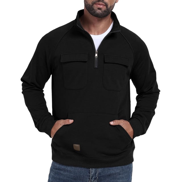 pstuiky manga larga para hombre, Sudadera con cuello alto, manga larga, media cremallera y múltiples bolsillos para hombre, color liso top de hombre xxxl