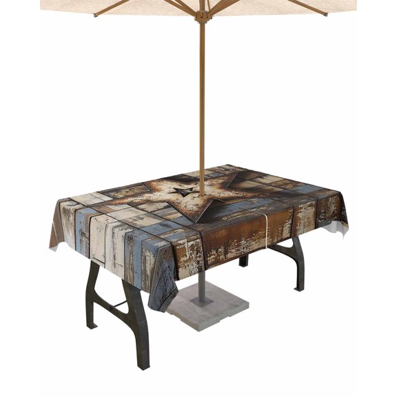 nqOlkjepod Country Star Retro Outdoor Tablecloth with Umbrella Hole & Zipper, Farmhouse Brown Blue Wooden Grain Rectangle Table Cover 52x70 Inch, Dining Waterproof Table Cloth Protector for Patio
