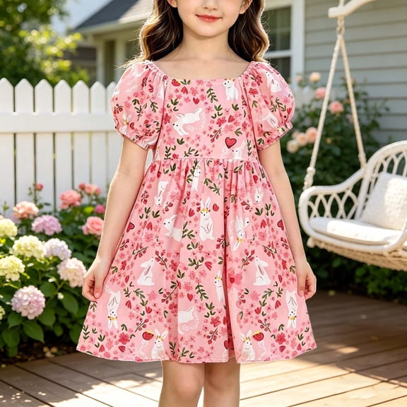 HAOTAGS Girls Floral Dresses Ruffled Sleeve Square Neck Party Birthday Kids Summer Smock Sundress Multicolor Size 2