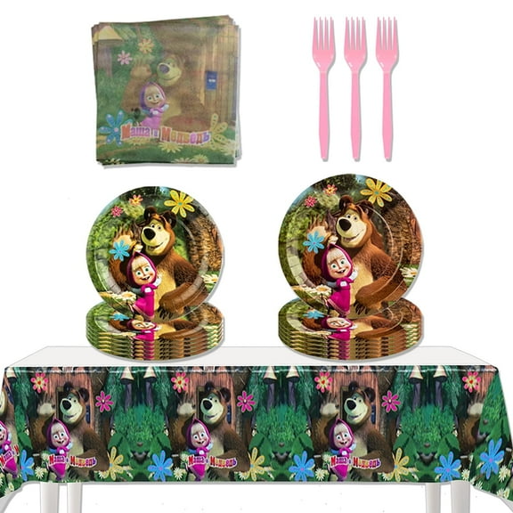 Mojo Masha and The Bear Party Decorations ,Mojo Masha and The Bear Party Tableware Supplies including Plates, Cups, Napkins, Tablecloth ,Serves 10 Guests