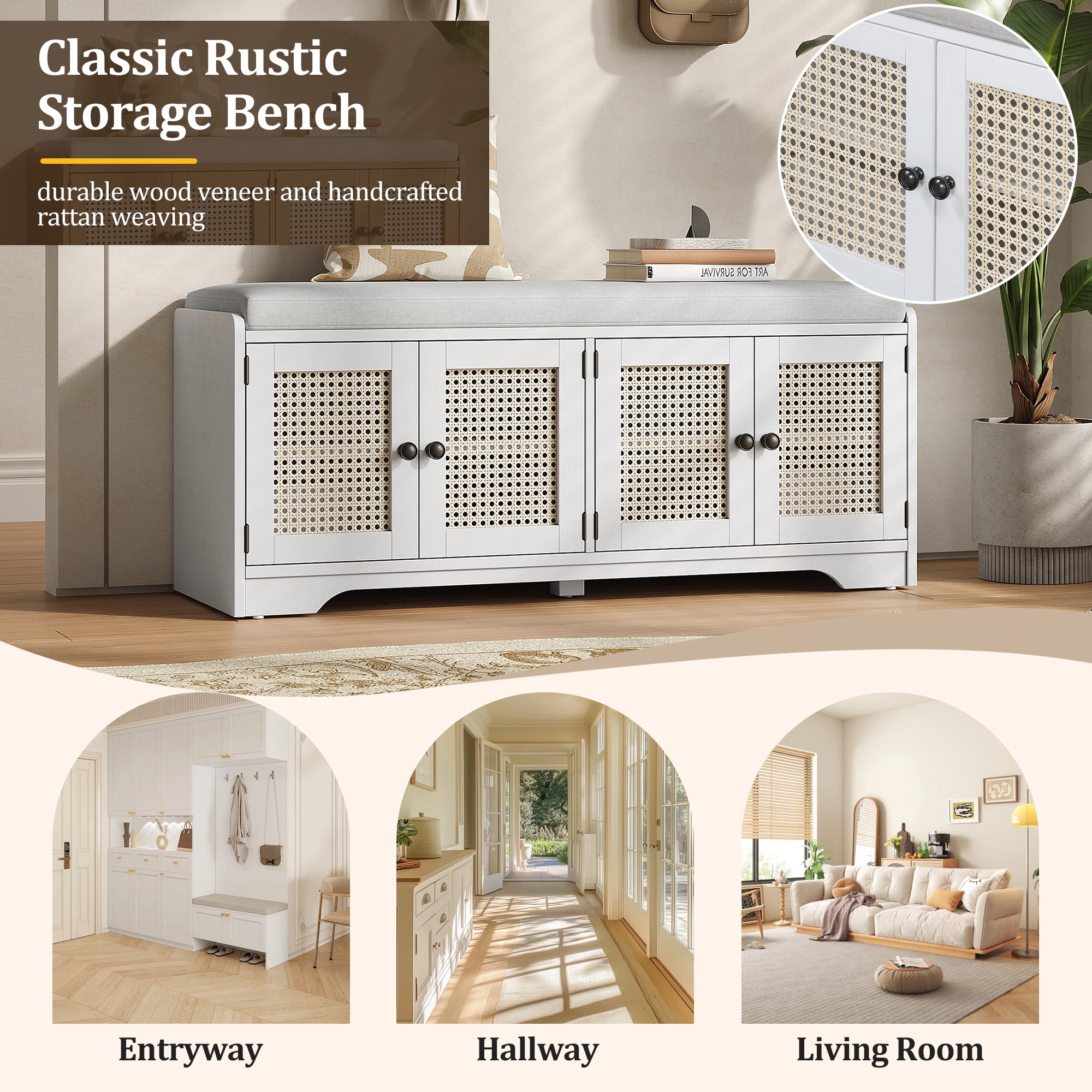 TREXM Rustic Storage Bench Multifunctional Wood Entryway Shoe Bench with Removable Cushion, Woven Rattan Doors & Adjustable Shelves for Hallway, Living Room (White+Beige )