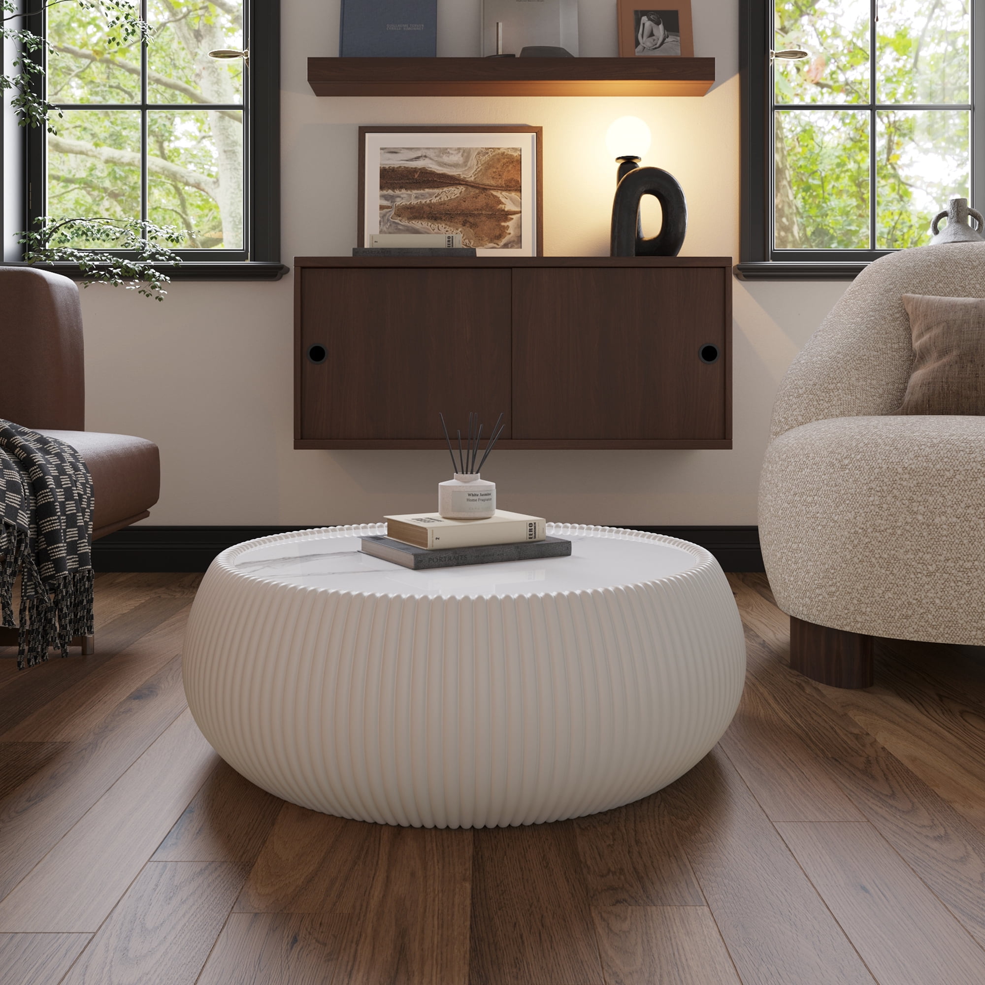 Leumius Round Coffee Table,Cylinder Shape Leather Coffee Modern Sofa Table for Living Room, Bedroom and Outdoor Home Decor White