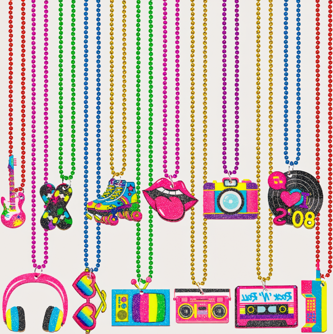 48-Piece 80s Party Bead Necklaces, Retro Disco Costume Accessories, Assorted Neon Colors, One Size Fits