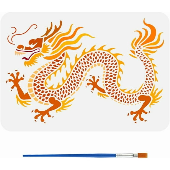 Colorful Dragon Stencil with a Paint Brush 11.7x8.3Inch Reusable Chinese Dragon Stencil PET Chinese Mythological Animals Decoration Template Animal Themes Template for Wood Wall Fabric