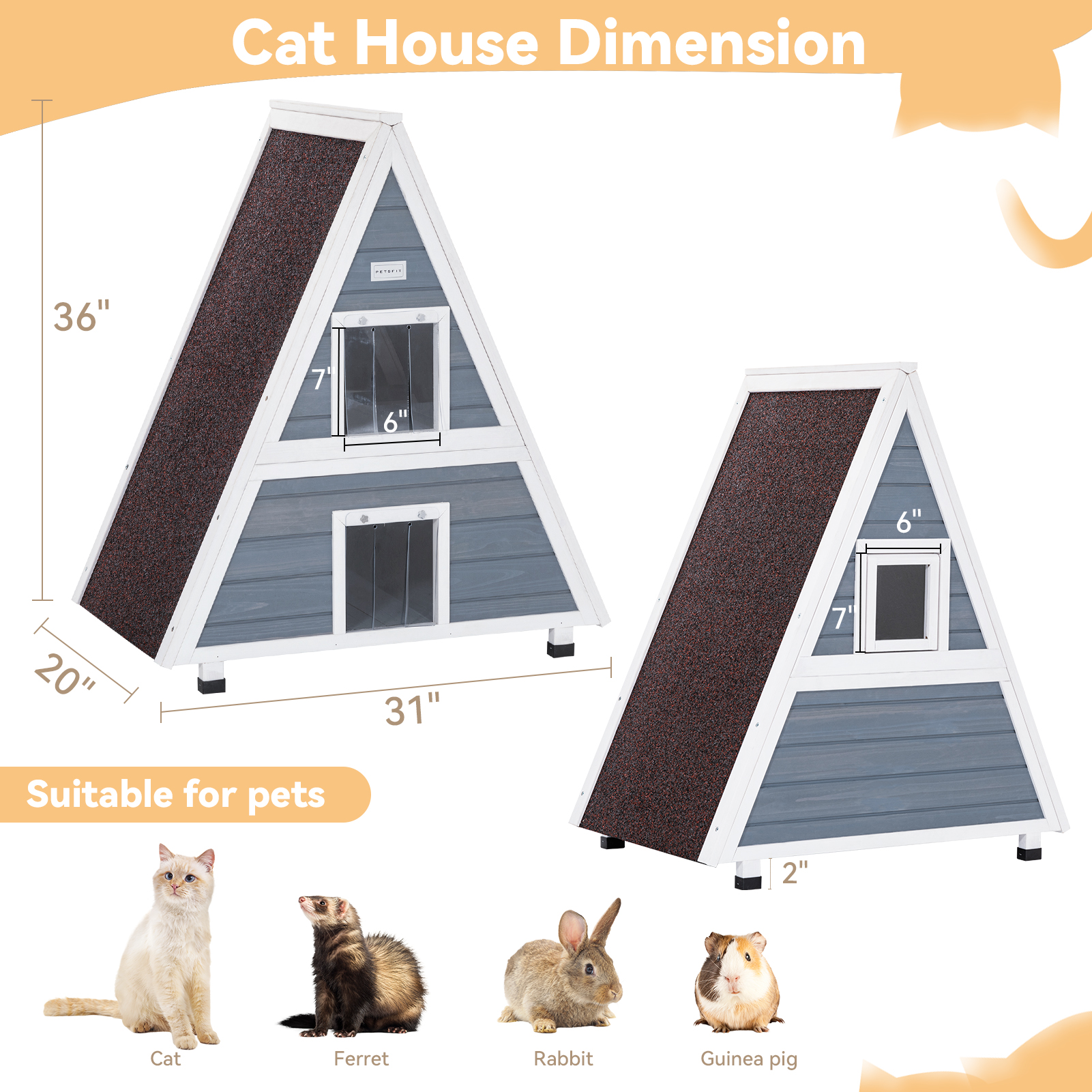 PETSFIT Weatherproof Outdoor Cat House  ，Two Level Outside Feral Cat House with Escape Door for Small Animal，31" Lx20 W x36 H，Grey
