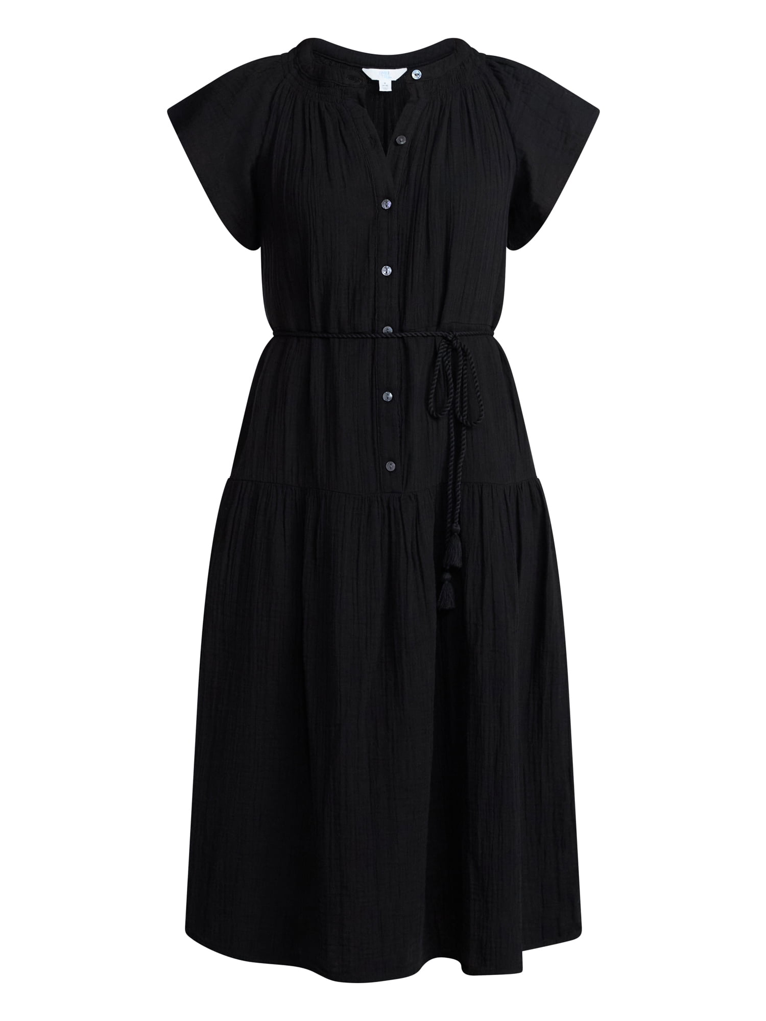 Time and Tru Women's Cotton Double Cloth Midi Dress with Short Flutter Sleeves, Sizes XS-XXXL