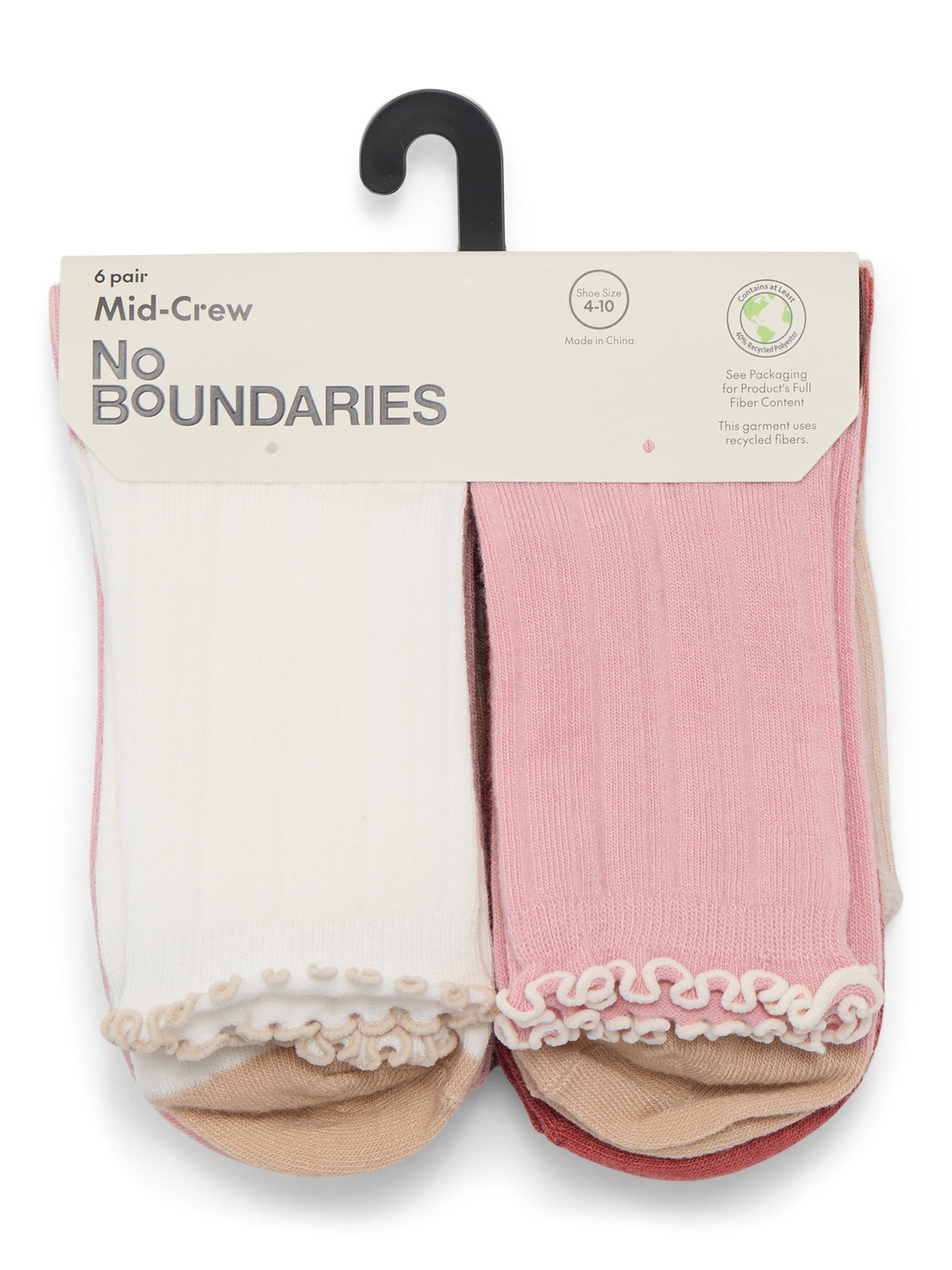 No Boundaries Lettuce Edge Mid Crew Socks, 6-Pack, Women's, Shoe Sizes 4-10