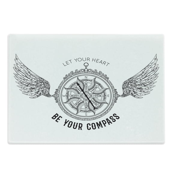 Vintage Nautical Tattoo Cutting Board, Let Your Heart Be Your Compass Lettering with Wings, Decorative Tempered Glass Cutting and Serving Board, in 3 Sizes, by Ambesonne