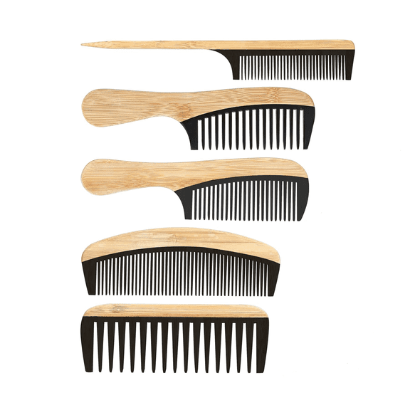 5 Pcs Handmade Bamboo Anti-Static Comb Set for Women and Men - Wide Tooth, Rat Tail, and Fine Tooth Combs for Long, Short, Thick, Thin, Wavy, and Curly Hair Detangling (Natural   Black)